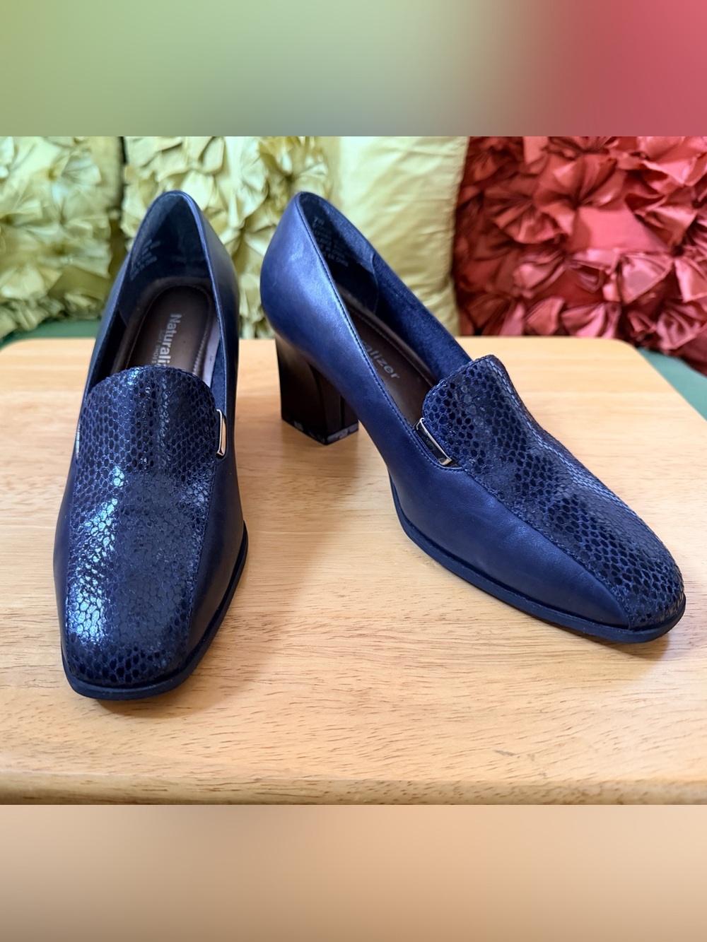 Naturalizer Becky Navy Leather Block Heel Loafers with Snakeskin Accent